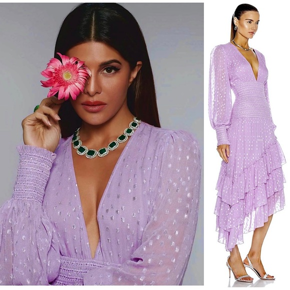 ROCOCO SAND Lilac Puff Long Sleeve Smocked Waist Asymmetric Tier Ruffle Dress S - Picture 4 of 8